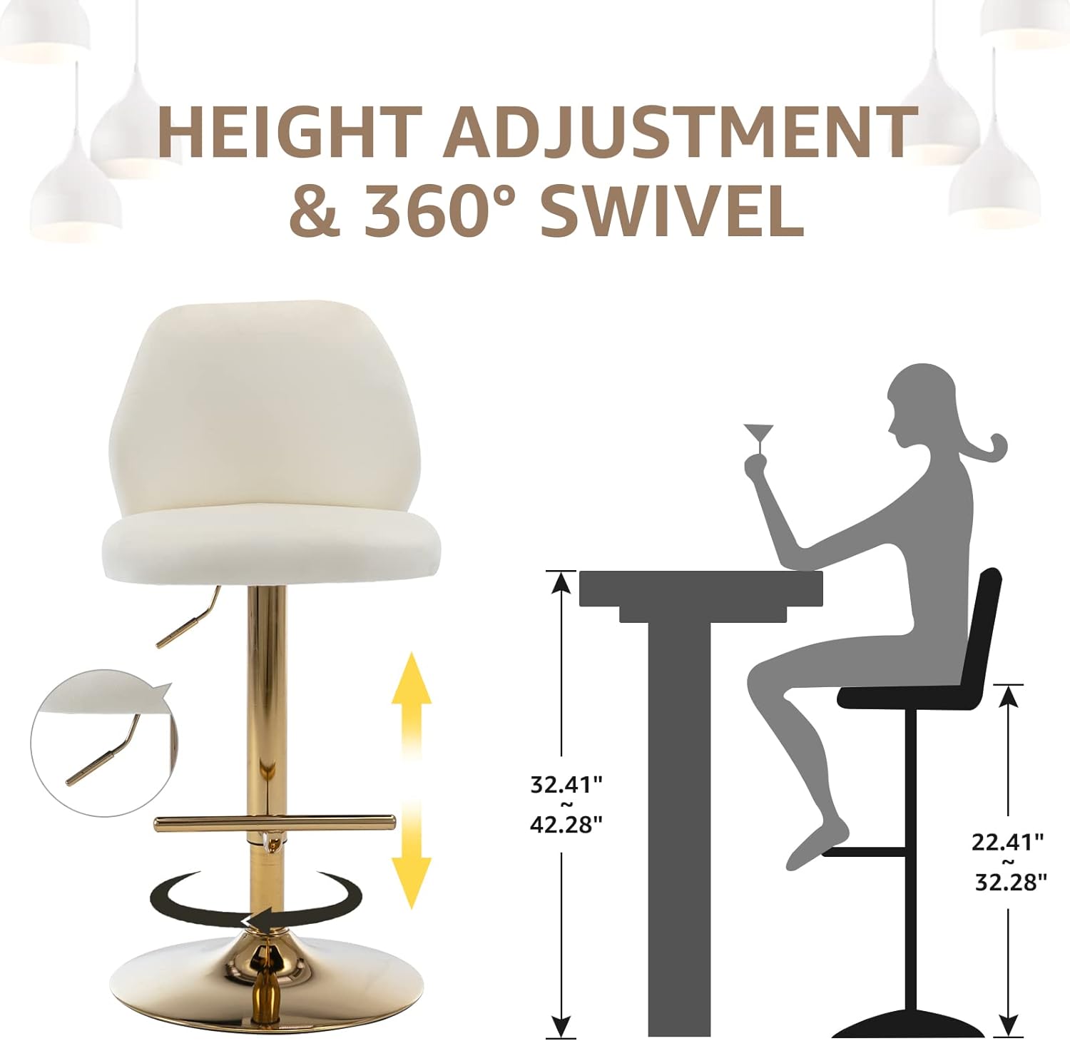 Modern Velvet Bar Stools Set of 2, Swivel Barstools with Golden Legs, Back Ring Design, Kitchen Island Chairs, Counter Height Stool for Home Bar, Kitchen Island,Pub, Cafe (Cream)