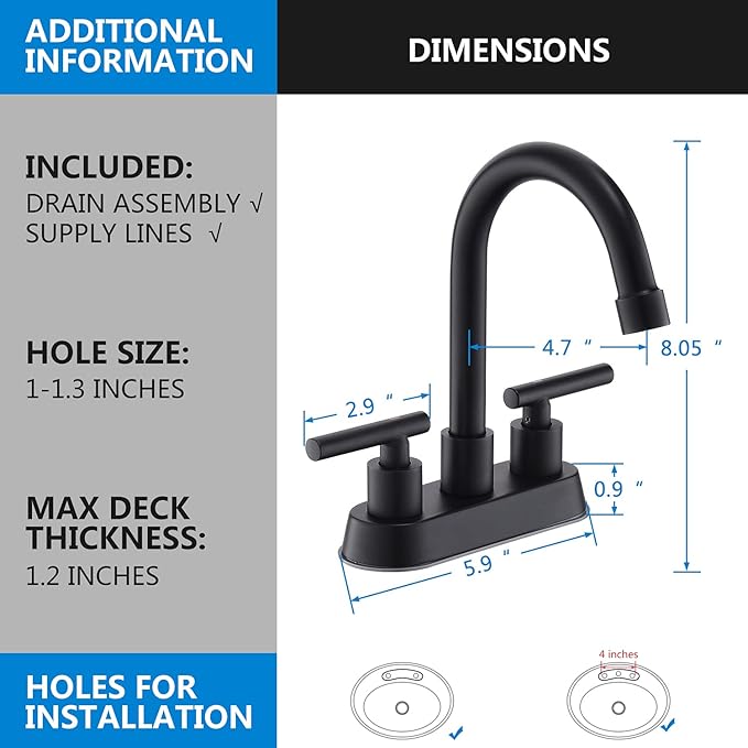 Black Bathroom Faucets, 2 Handle Bathroom Sink Faucet, 4-Inch Centerset Bathroom Sink Faucet with Pop Up Drain and Water Supply Lines