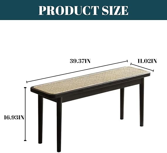 Wood Dining Bench,100% Natural Solid Oak Bed Bench with Rattan Design, Rounded Edge, Bench for Entryway Hall, Dining Room,Bedroom, Living Room (Black Color, 39.37 inch)