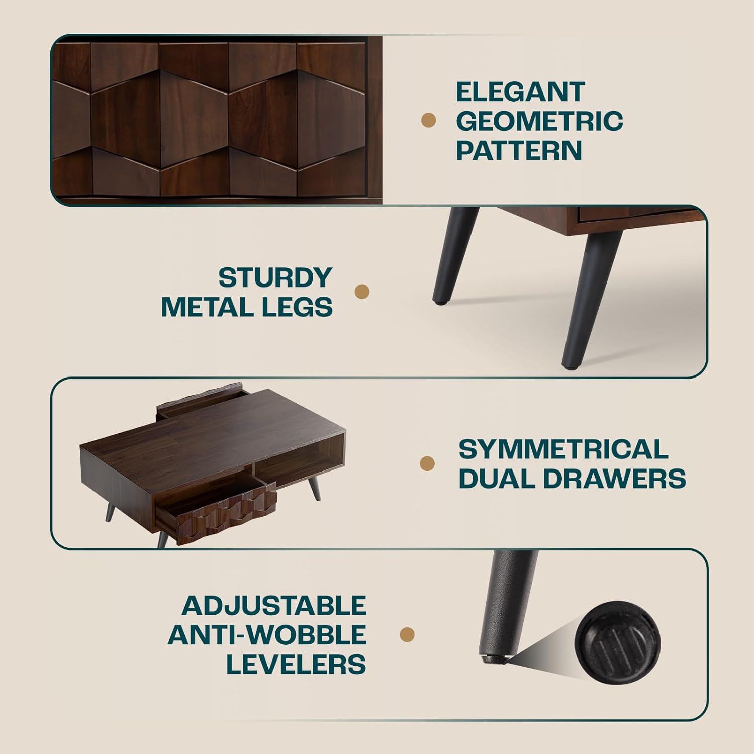 Solid Wood Coffee Tables for Living Room, Coffee Table Mid Century Modern with 2 Symmetrical Storage Drawers & Geometric Details