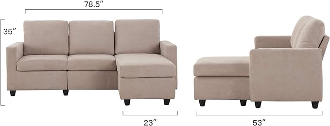 L Shaped Couch with Linen Fabric, Convertible, Reversible Sectional Sofa for Small Space, Dark Beige