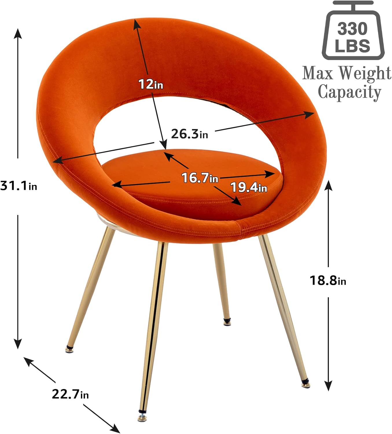 Modern Velvet Accent Chairs Set of 2, Upholstered Dining Chairs, Leisure Arm Chair, Lounge Chairs with Golden Metal Frame Legs for Living Room, Dining Room, Bedroom, Vanity (Orange)