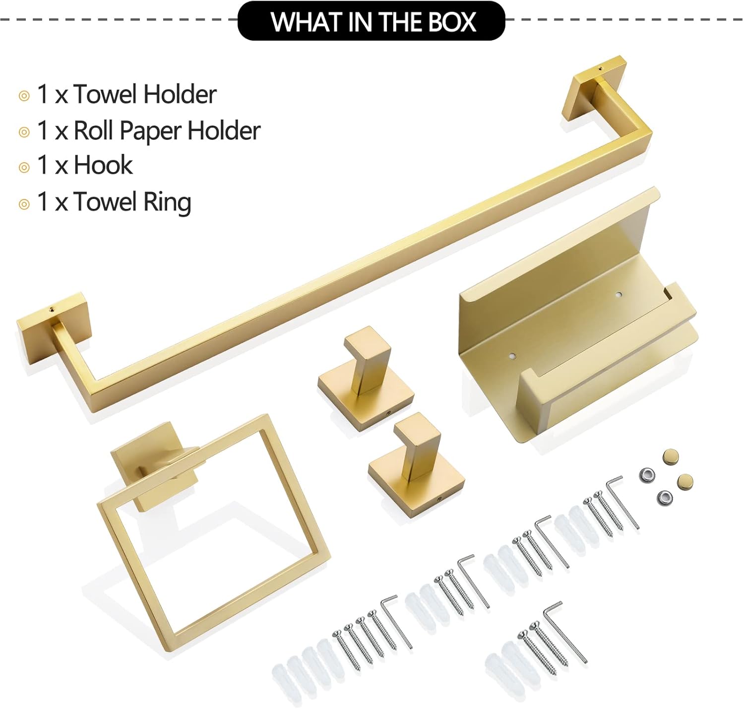 5-Piece Bathroom Hardware Set 23.6 Inch Gold Towel Bar Set Towel Bar Towel Ring Coat Hook and Toilet Paper Holder with Shelf