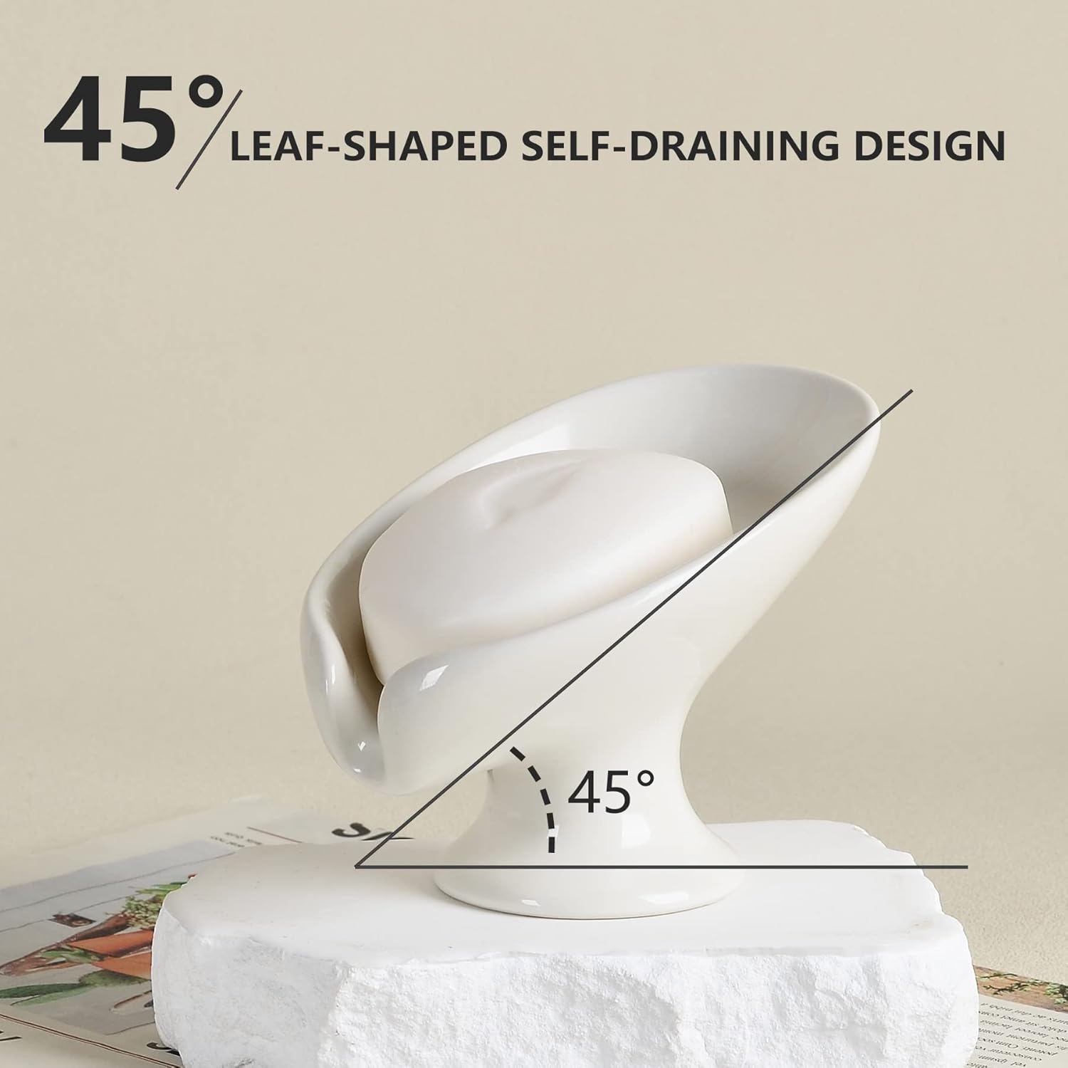 Soap Holder Self Draining Leaf Shape Ceramic Soap Dishes, Cream White Draining Soap Dish for Bathroom Shower
