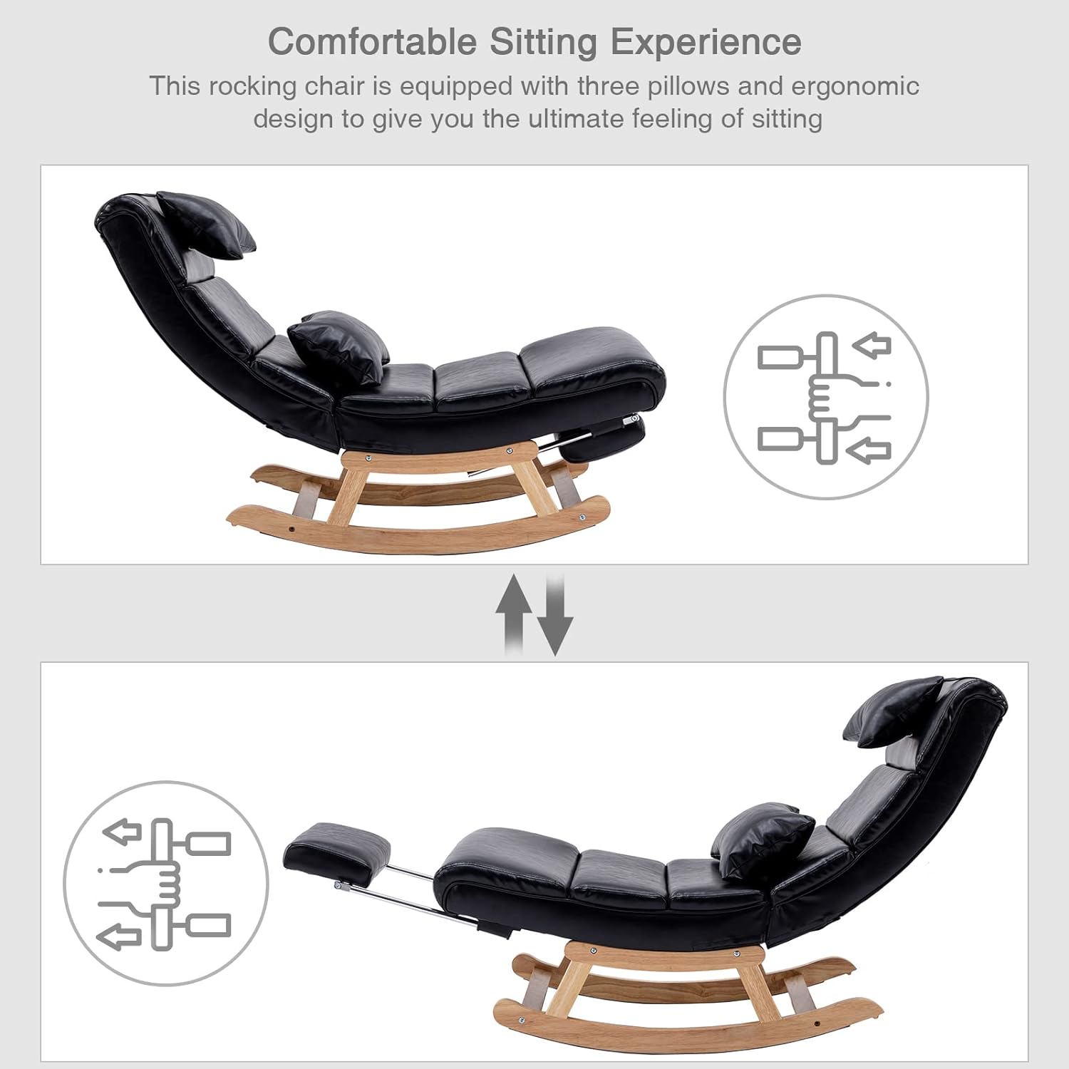 Modern Rocking Lounge Chair, Upholstered Glider Chair for Nursery, Accent Rocker Chair with Large Back & Pull Out Pedal, Lie or Sleep Lazy Chair for Living Room, Bedroom (Black PU)