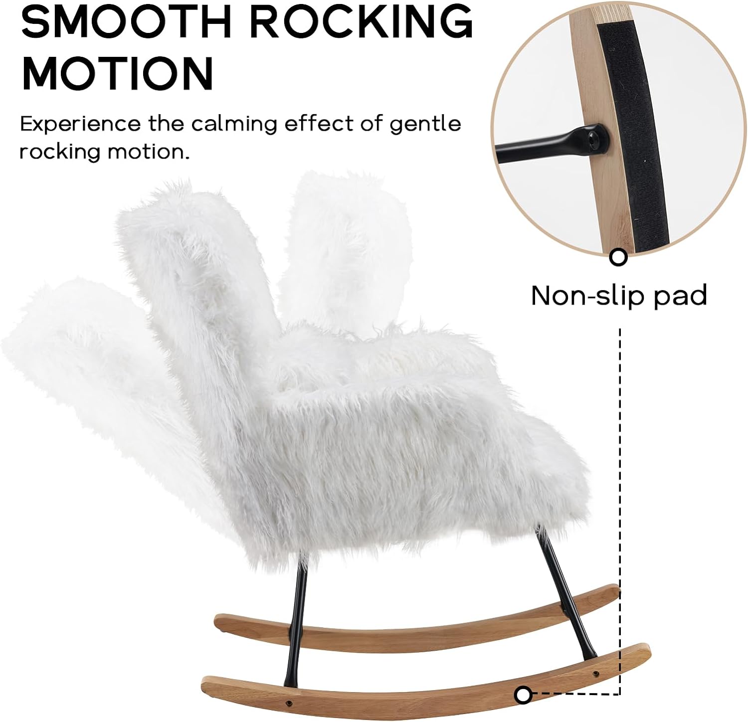 Nursery Rocking Chair, Faux Fur Upholstered Glider Rocker with Lumbar Pillow, High Backrest Rocking Accent Chair, Comfy Armchair for Living Room, Bedroom, Office (White)