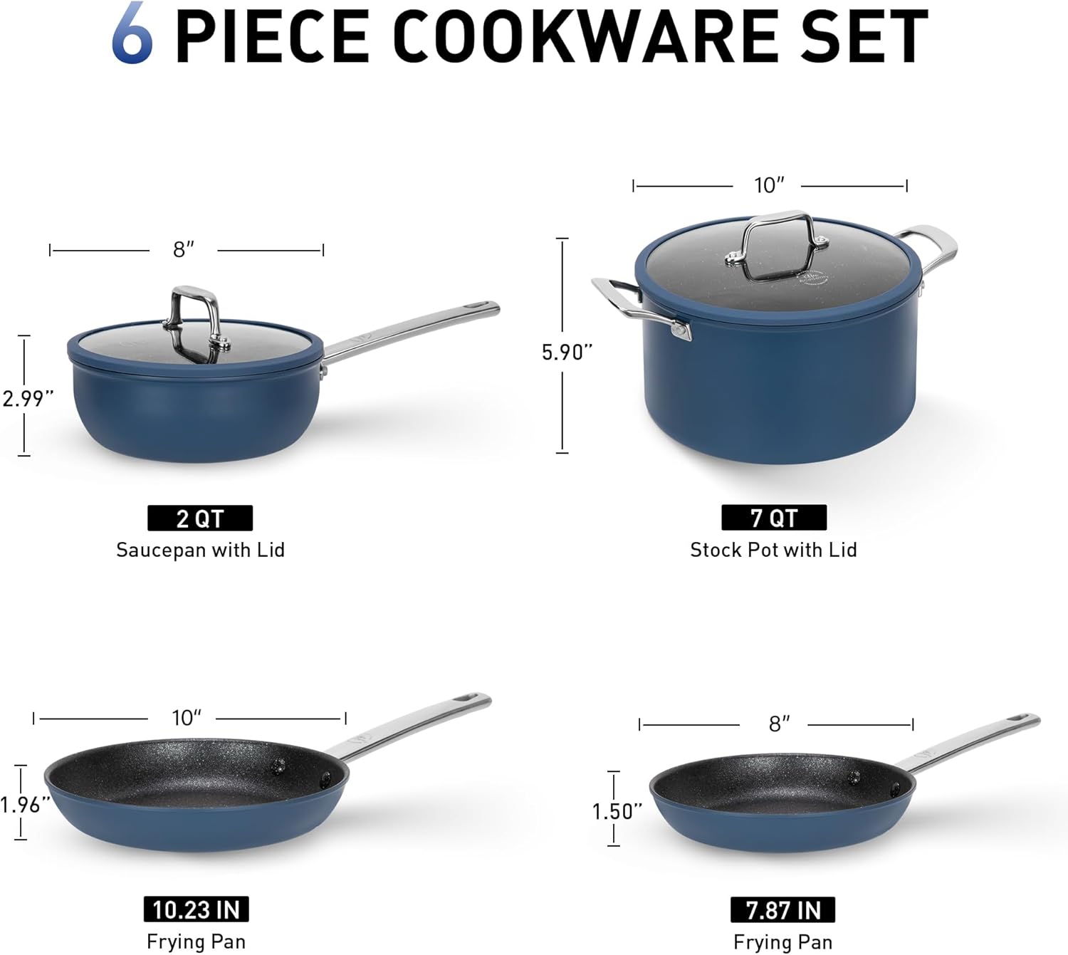 Nonstick Pots and Pans Set 6 Piece, 8" and 10" Skillet pan, 2Qt and 7Qt Casserole with Silicone Glass Lid, Non Toxic Deep Fry Pan, Induction Cookware Set with Plasma Titanium Coating