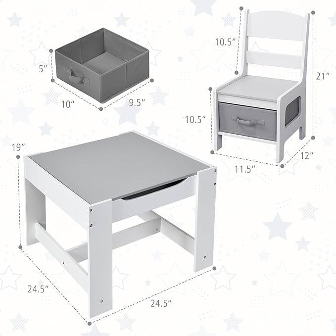 Kids Table and Chair Set, 3 in 1 Wood Children Desk Set