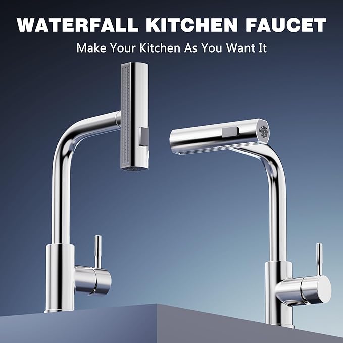 Waterfall Kitchen Faucet with Pull Down Sprayer Brushed Nickel Single Hole Handle Stainless Steel Kitchen Sink Faucet