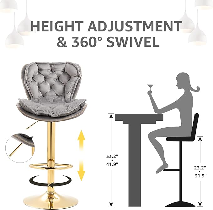 ERGONOMIC-DESIGNED BACKREST - This bar stool is made of gold metal and velvet fabric, stylish style to create a very eye-catching design. Its ergonomic-designed backrest and footrest can provide more support for your body while sitting. The cushioned bar