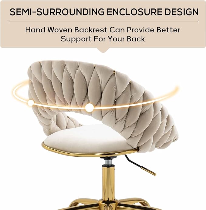 Swivel Velvet Home Office Chair, Upholstered Desk Chair, Modern Accent Armchair, Tufted Computer Task Stools with Gold Base for Girls, Women, Study, Living Room (Ivory)