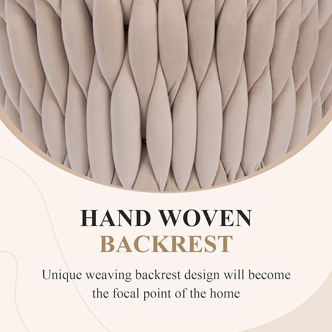 Velvet 360° Swivel Bar Stools with Hand Woven Backrest Design Upholstered Adjustable Counter Bar Stool with Golden Bracket Back and Footrest Bar Chair for Kitchen, Pub (1, Ivory)
