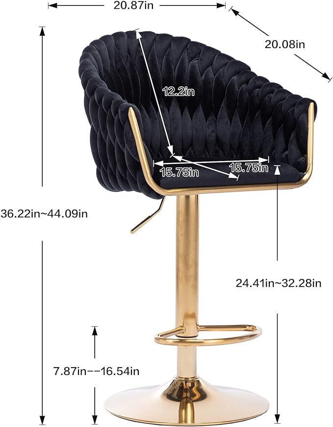 Velvet 360° Swivel Bar Stools with Hand Woven Backrest Design Upholstered Adjustable Counter Bar Stool with Golden Bracket Back and Footrest Bar Chair for Kitchen, Pub (1, Black)