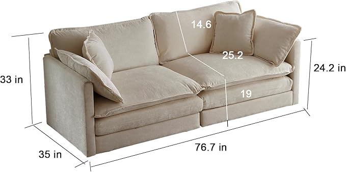2 Seater Sofa, 76.7" W Chenille Modern 2 Seater L-Shaped Sectional Sofa Couch with Moveable Ottoman