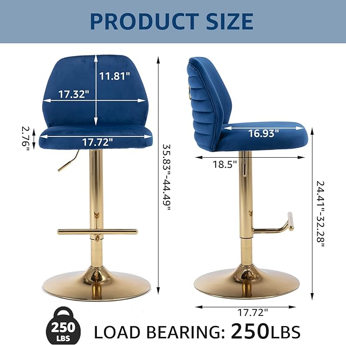 Modern Velvet Bar Stools Set of 2, Swivel Barstools with Golden Legs, Back Ring Design, Kitchen Island Chairs, Counter Height Stool for Home Bar, Kitchen Island,Pub, Cafe (Navy Blue)