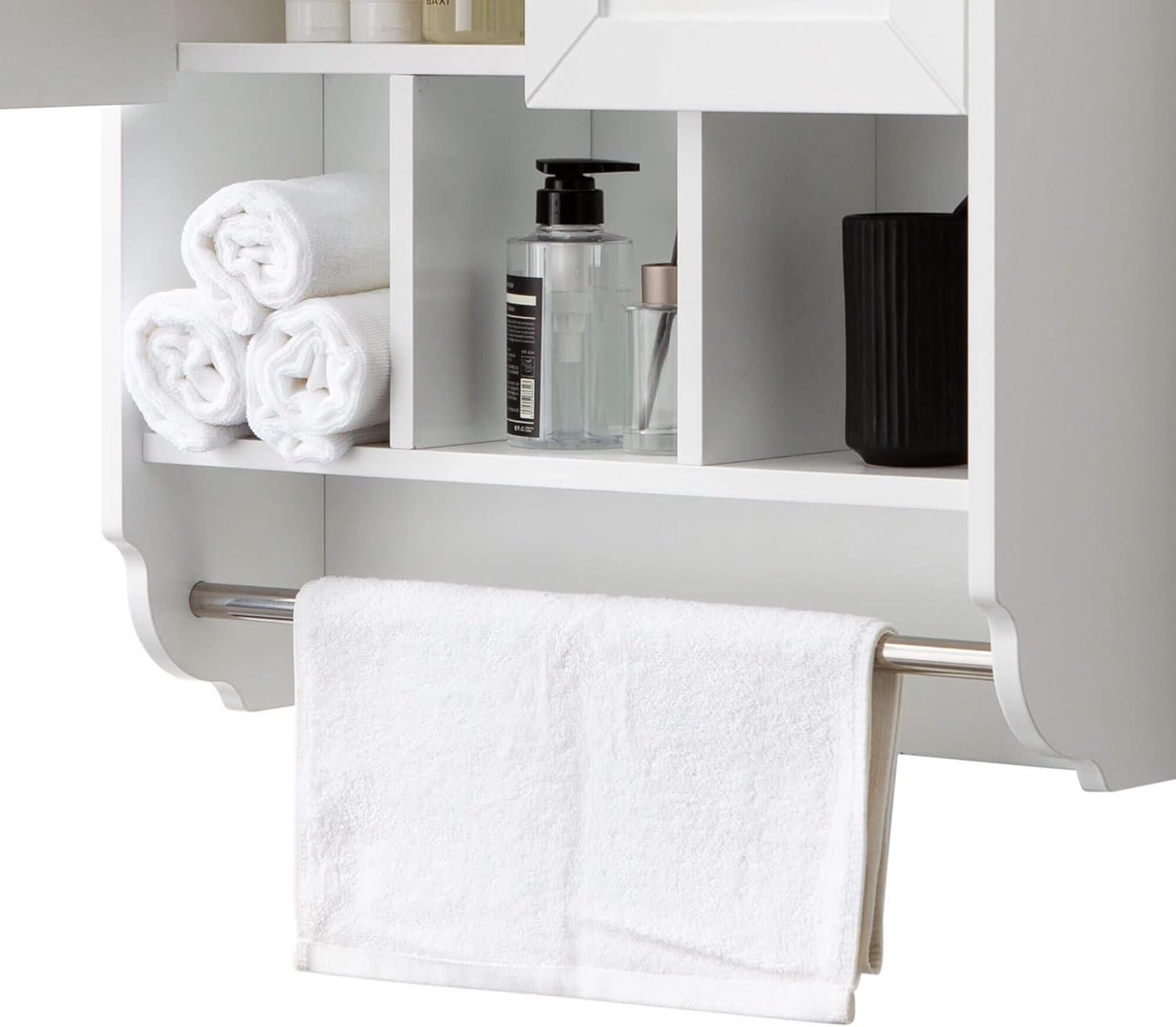 White Bathroom Wall Cabinet with Towel Bar,Wooden Medicine Cabinet Adjustable Shelves
