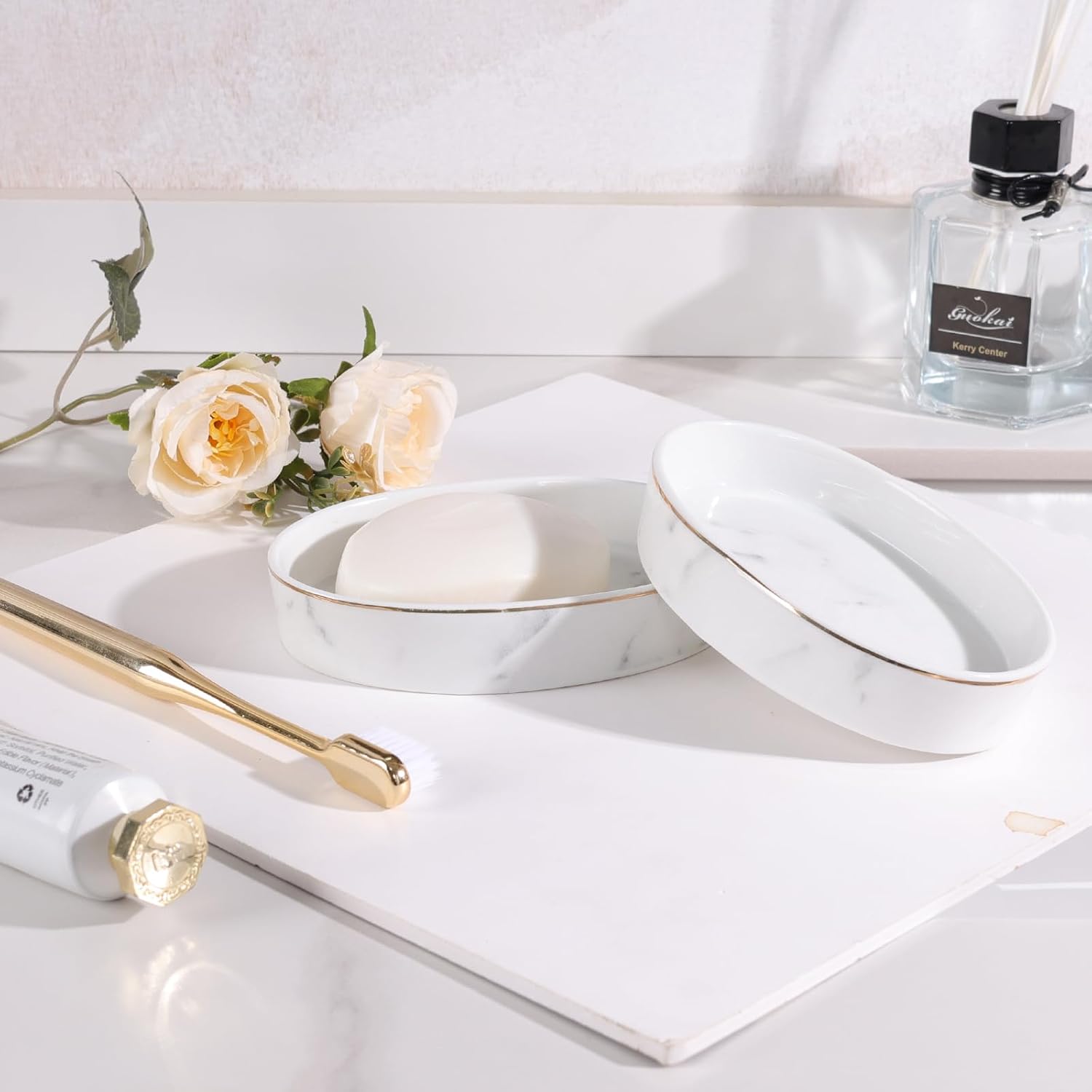 Ceramic White Marble Soap Holder Soap Bar Holder, Oval Soap Dish for Shower Bathroom Kitchen Sink, Easy Clean