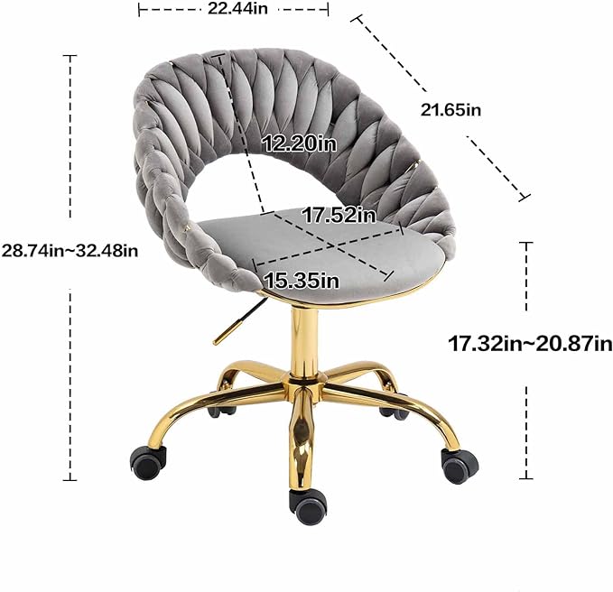 Swivel Velvet Home Office Chair, Upholstered Desk Chair, Modern Accent Armchair, Tufted Computer Task Stools with Gold Base for Girls, Women, Study, Living Room (Grey)