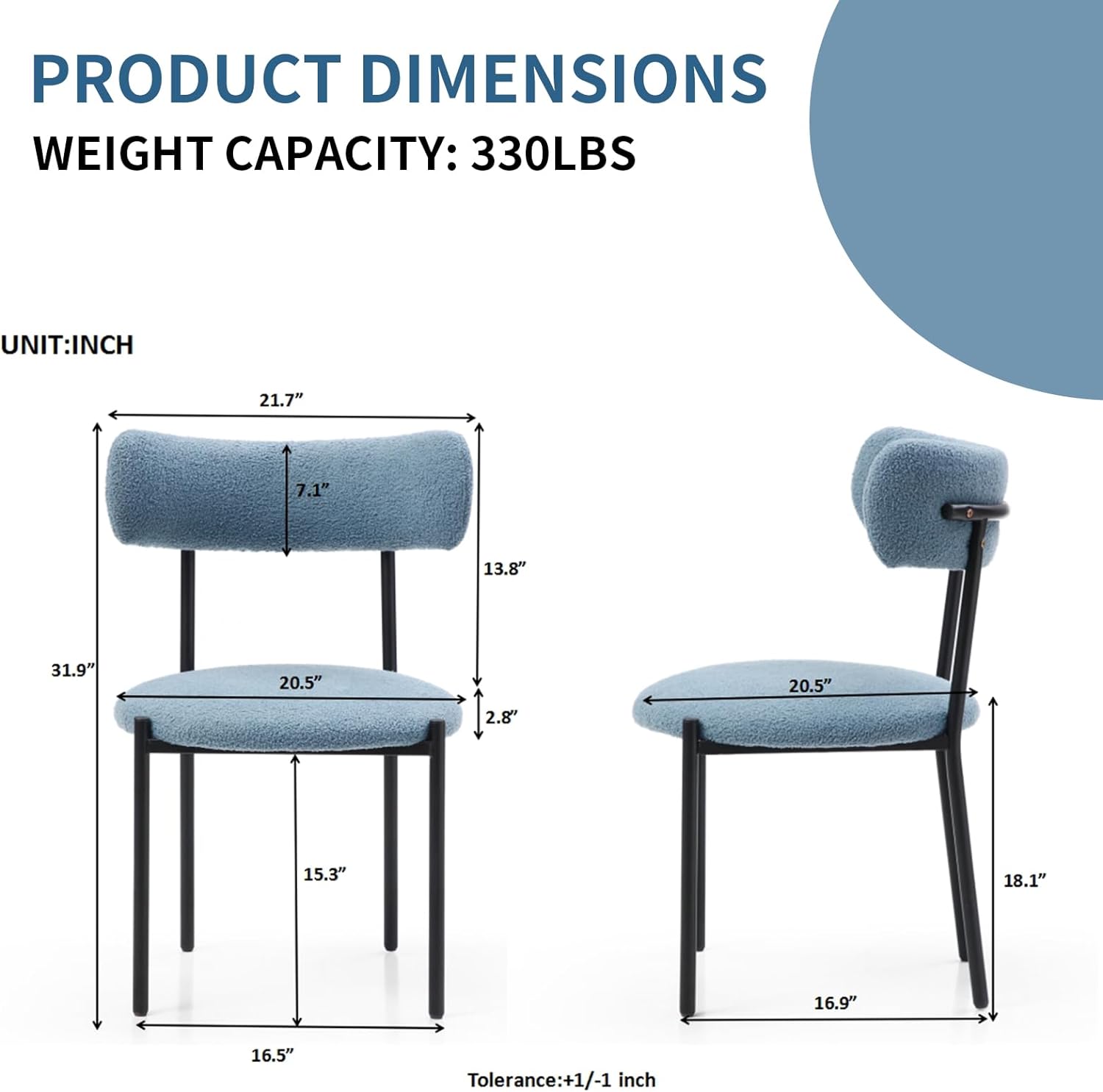 Modern Dining Chairs Set of 4, Boucle Upholstered Chair with Open Back, Side Chair with Metal Legs, Lounge Chair with Round Cushion, Accent Chair for Dining Room (Set of 4, Light Blue)