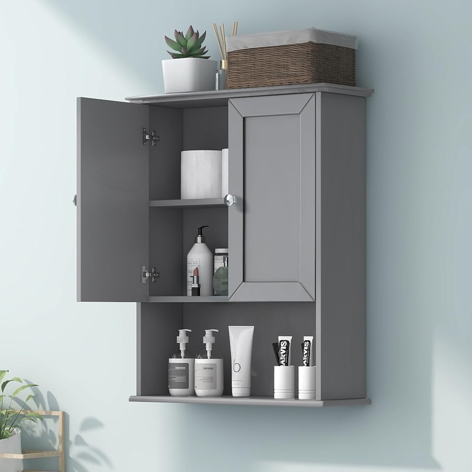 Grey Wall Mounted Bathroom Cabinet 24x30 Inch Wooden Over Toilet Storage Cabinet with 2 Doors