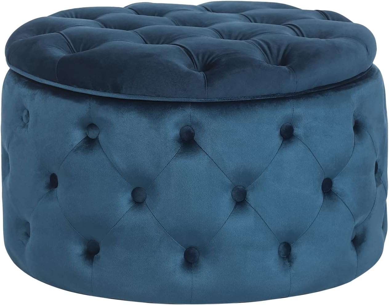 Modern 24.8 Inch Blue Round Storage Ottomans Chair, Button Tufted Upholstered Ottoman Footstool