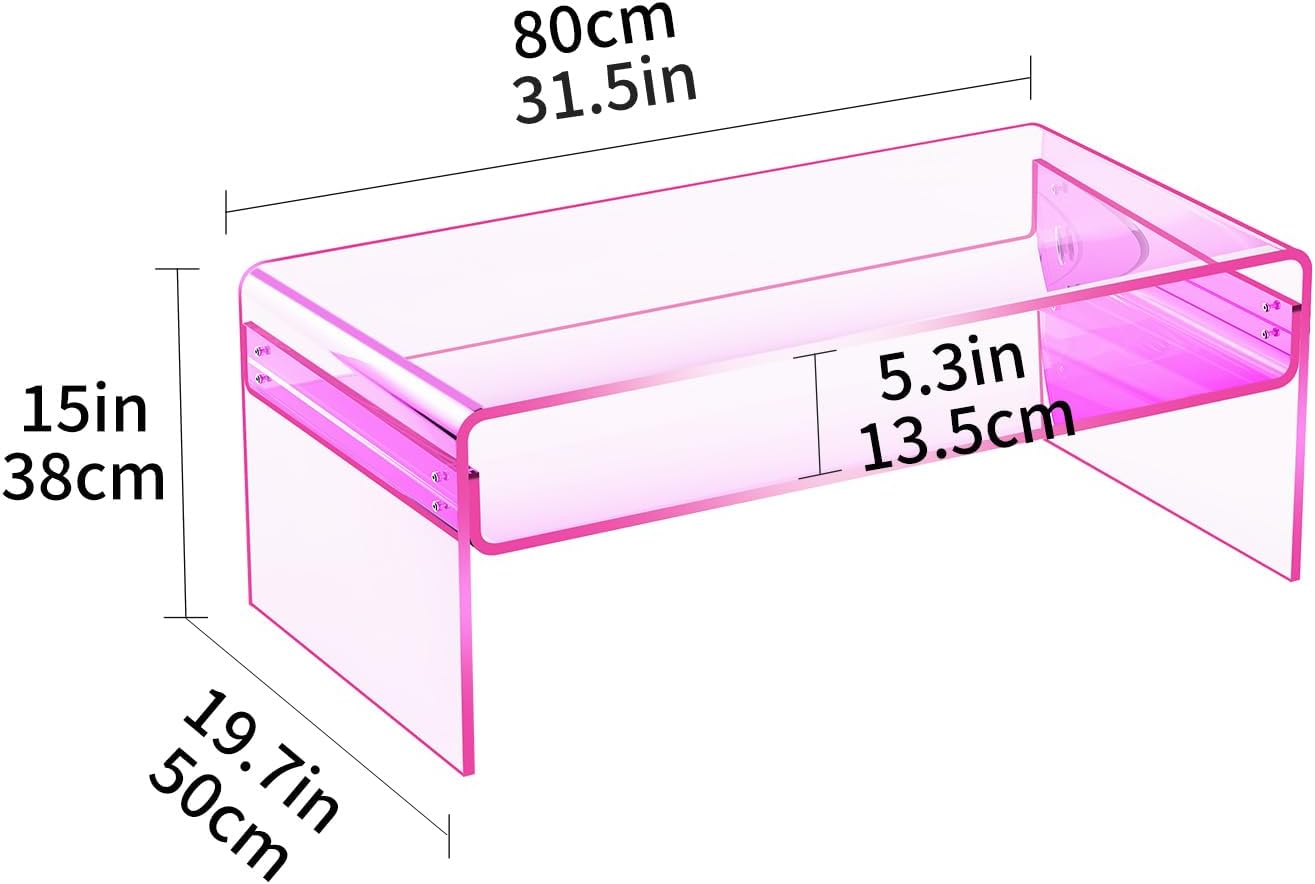 Acrylic Coffee Table for Living Room Clear Rectangle Lucite Table with Open Storage Shelf (1, Pink, Large)