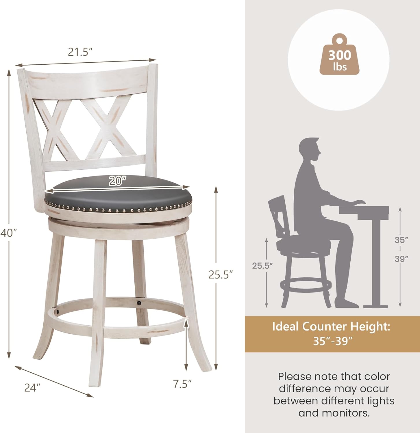 25.5" Bar Stools Set of 2, Swivel Counter Height Stools w/Back, 20" Wide Padded Seat, Rubber Wood Frame, Armless Farmhouse Barstools for Kitchen Island, Café, Pub, Dining Room, Antique White