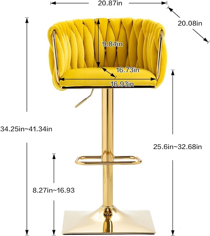 Bar Stools Set of 2 with 360° Swivel Hand Woven Backrest Design Upholstered Adjustable Counter Velvet Bar Stool with Golden Bracket Back and Footrest Bar Chair for Kitchen, Pub (Mustard)
