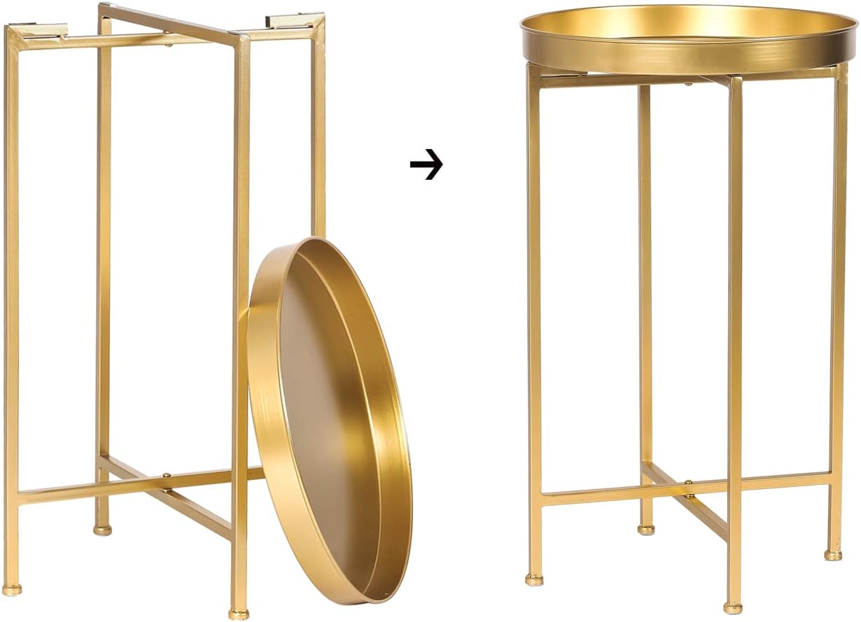 Round End Table Metal Folding Side Table Small Bedside Table Nightstand with Removable Tray Top