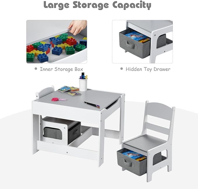 Kids Table and Chair Set, 3 in 1 Wood Children Desk Set