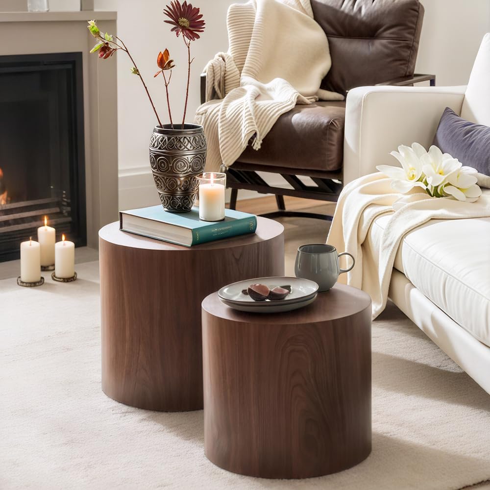 Nesting Coffee Table Set of 2, Modern Round Coffee Table with Non-Slip Feet, Walnut Wooden Circle Accent Tables