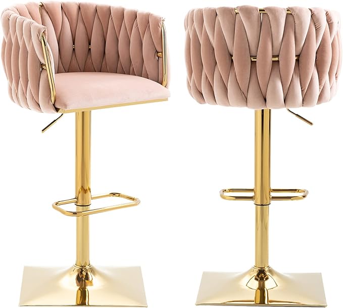 Bar Stools Set of 2 with 360° Swivel Hand Woven Backrest Design Upholstered Adjustable Counter Velvet Bar Stool with Golden Bracket Back and Footrest Bar Chair for Kitchen, Pub (Pink)
