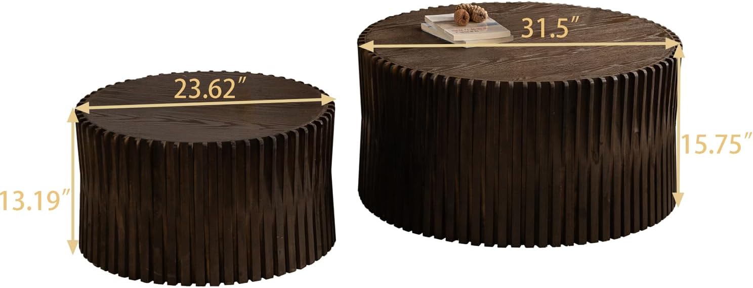 Nesting Coffee Table Set of 2, Round Coffee Table Modern Wood Drum Side Table End Table for Living Room