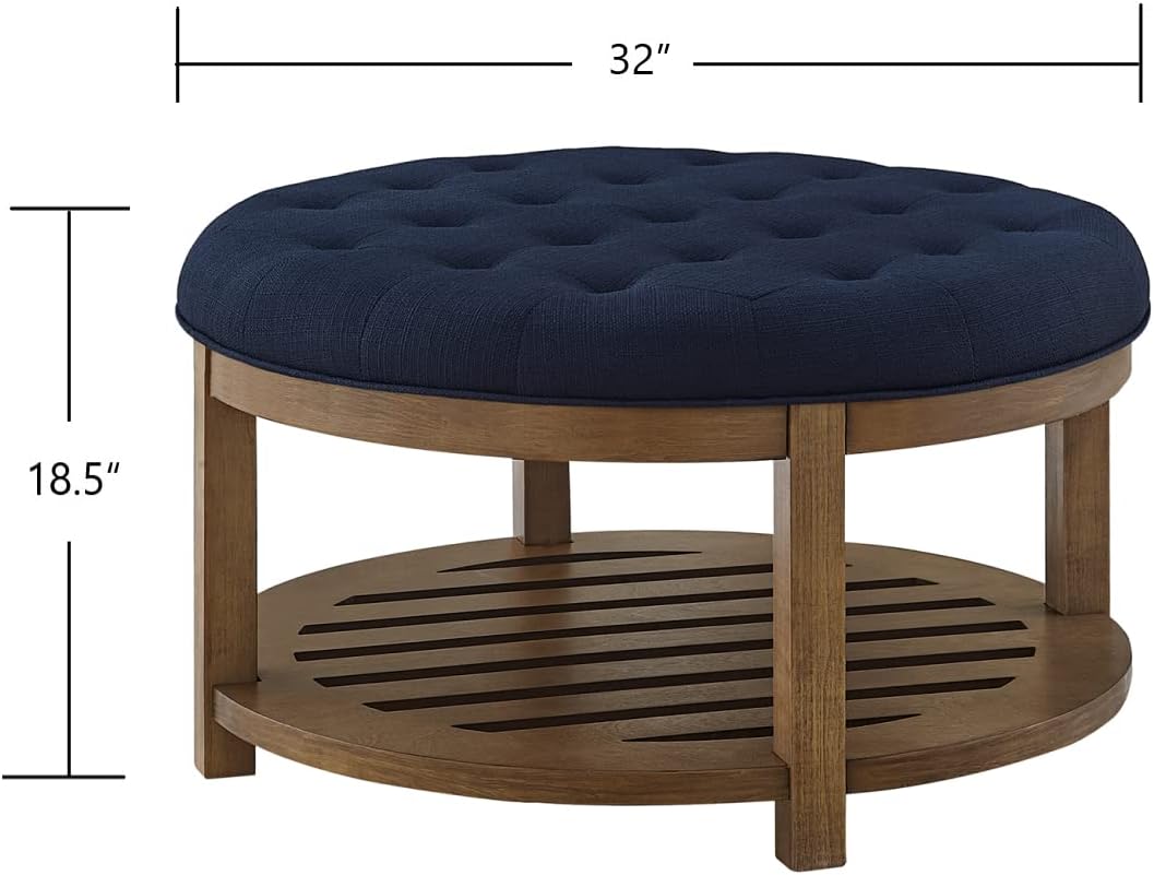 Large Round Upholstered Tufted Linen Ottoman Coffee Table