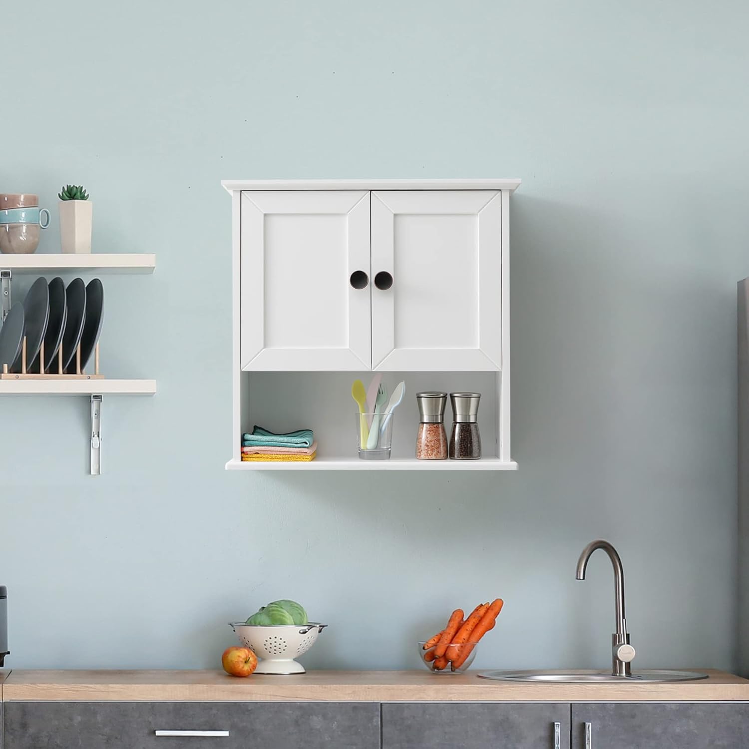 Bathroom Wall Cabinet Wooden Medicine Cabinet Buffering Hinge MDF Material Storage Organizer