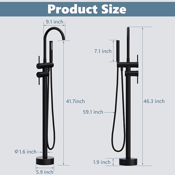 Floor Mount Bathtub Faucet Freestanding Tub Filler Standing High Flow Shower Faucets Shower Mixer Taps, Swivel Gooseneck Spout with Cylinder Handheld Matte Black