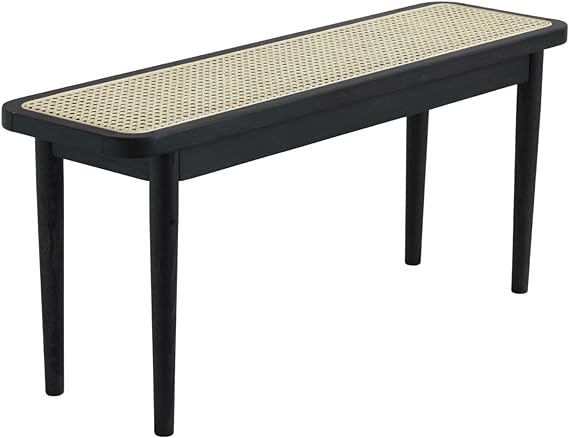 Wood Dining Bench,100% Natural Solid Oak Bed Bench with Rattan Design, Rounded Edge, Bench for Entryway Hall, Dining Room,Bedroom, Living Room (Black Color, 39.37 inch)