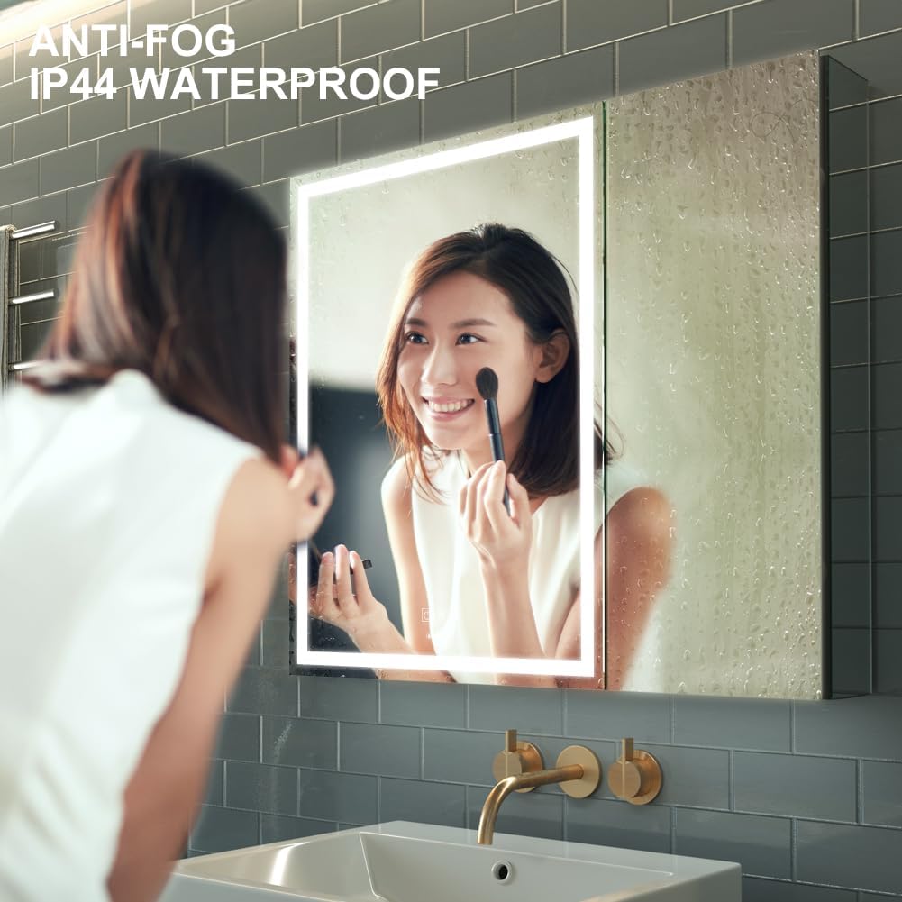 LED Lighted Bathroom Medicine Mirror Cabinet with Sockets & USBs, Anti-Fog Dimmable Light and Color Adjustment