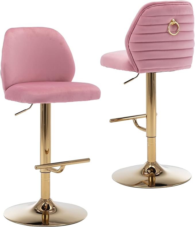 Modern Velvet Bar Stools Set of 2, Swivel Barstools with Golden Legs, Back Ring Design, Kitchen Island Chairs, Counter Height Stool for Home Bar, Kitchen Island,Pub, Cafe (Pink)
