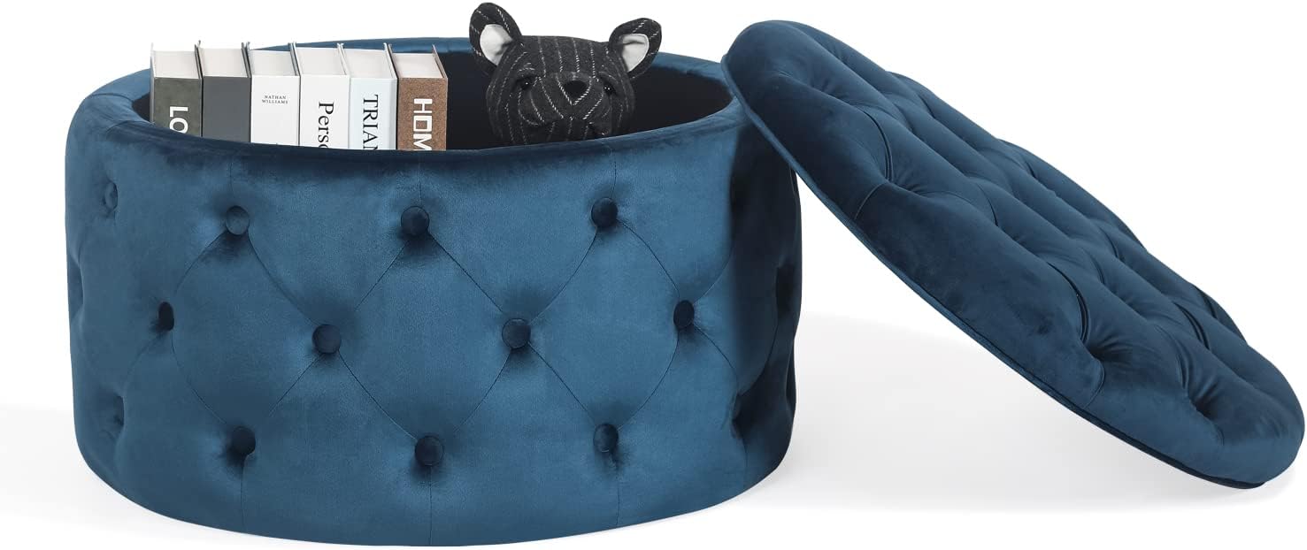 Modern 24.8 Inch Blue Round Storage Ottomans Chair, Button Tufted Upholstered Ottoman Footstool