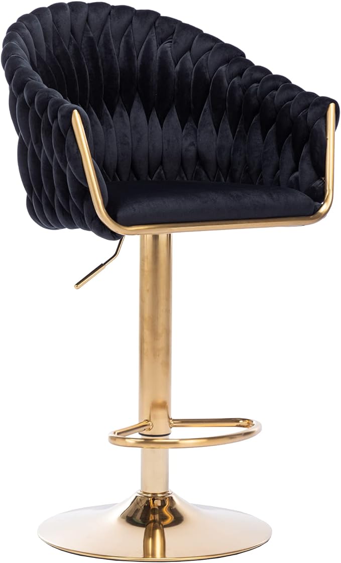 Velvet 360° Swivel Bar Stools with Hand Woven Backrest Design Upholstered Adjustable Counter Bar Stool with Golden Bracket Back and Footrest Bar Chair for Kitchen, Pub (1, Black)
