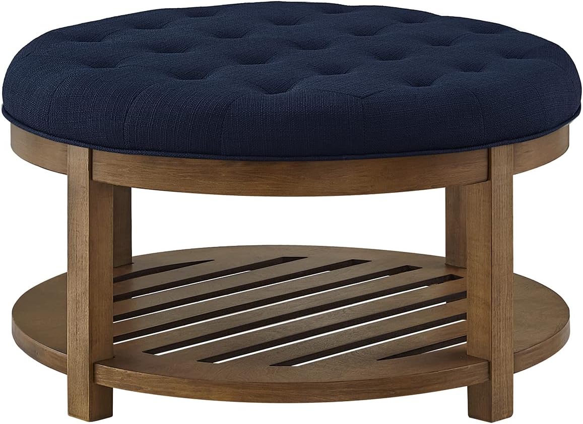 Large Round Upholstered Tufted Linen Ottoman Coffee Table