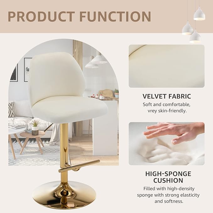 Modern Velvet Bar Stools Set of 2, Swivel Barstools with Golden Legs, Back Ring Design, Kitchen Island Chairs, Counter Height Stool for Home Bar, Kitchen Island,Pub, Cafe (Cream)