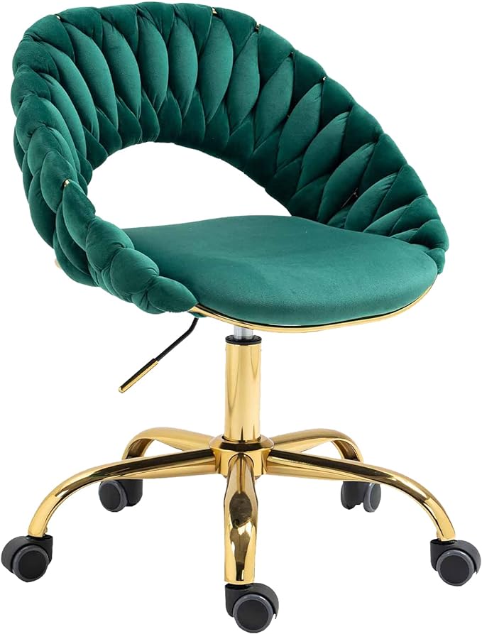 Swivel Velvet Home Office Chair, Upholstered Desk Chair, Modern Accent Armchair, Tufted Computer Task Stools with Gold Base for Girls, Women, Study, Living Room (Emerald)
