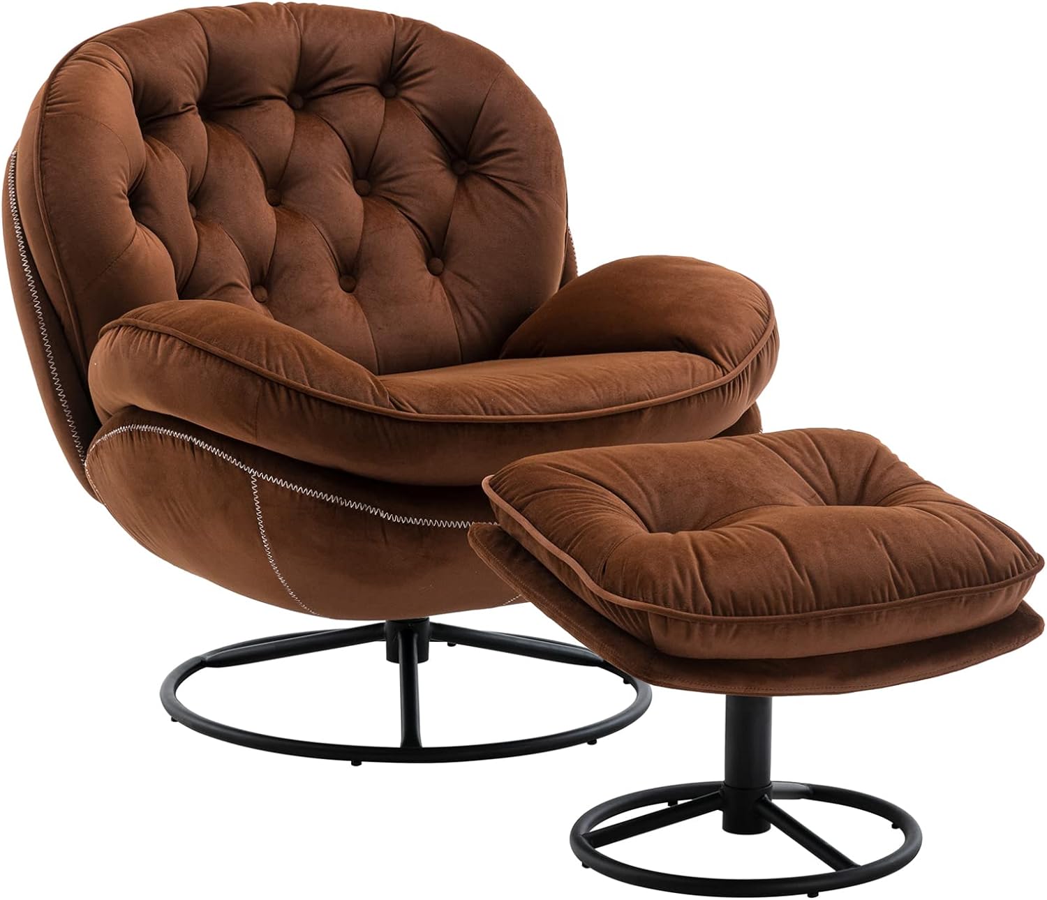 Swivel Velvet Accent Chair with Ottoman, Upholstered Lounge Chair with Footrest Comfy with 360° Swiveling Cushioned Recliner Armchair for Living Room Bedroom Office (Brown)