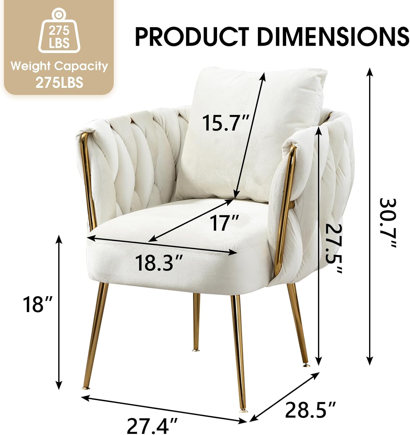 Modern Velvet Accent Chair, Hand Weaving Upholstered Armchair with Throw Pillow, Leisure Single Reading Sofa Chair with Gold Metal Legs for Living Room, Bedroom, Office (Beige )