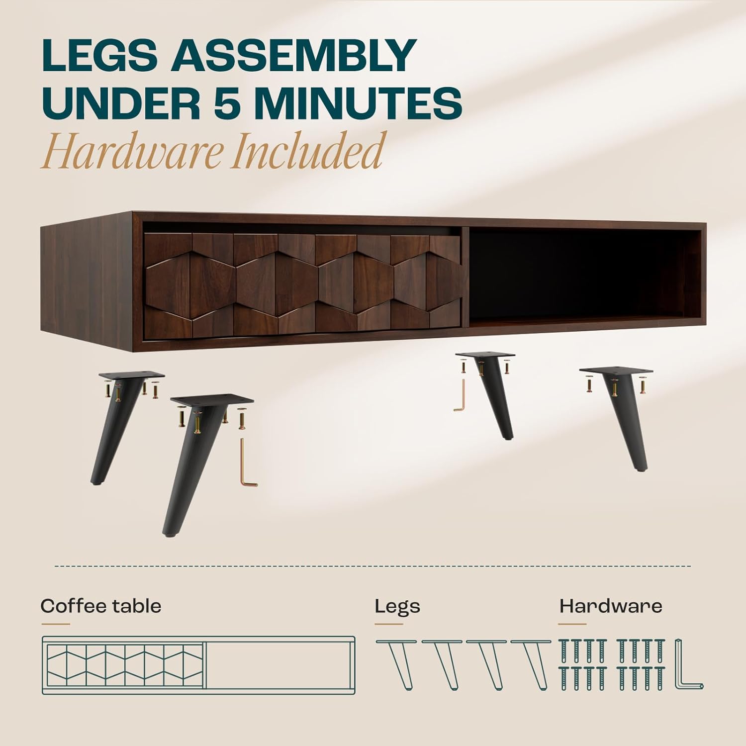 Solid Wood Coffee Tables for Living Room, Coffee Table Mid Century Modern with 2 Symmetrical Storage Drawers & Geometric Details