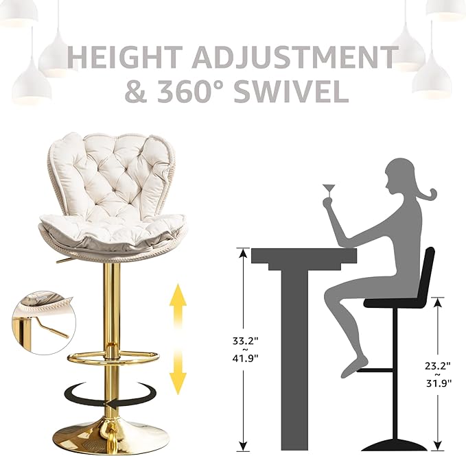 Velvet 360°Swivel Bar Stools Set of 2, Adjustable Bar Chair with Armless Design Tufted Backrest and Metal Gold Legs Dining Chairs Counter Stools for Dining Room, Island, Pub, Bar (Ivory)