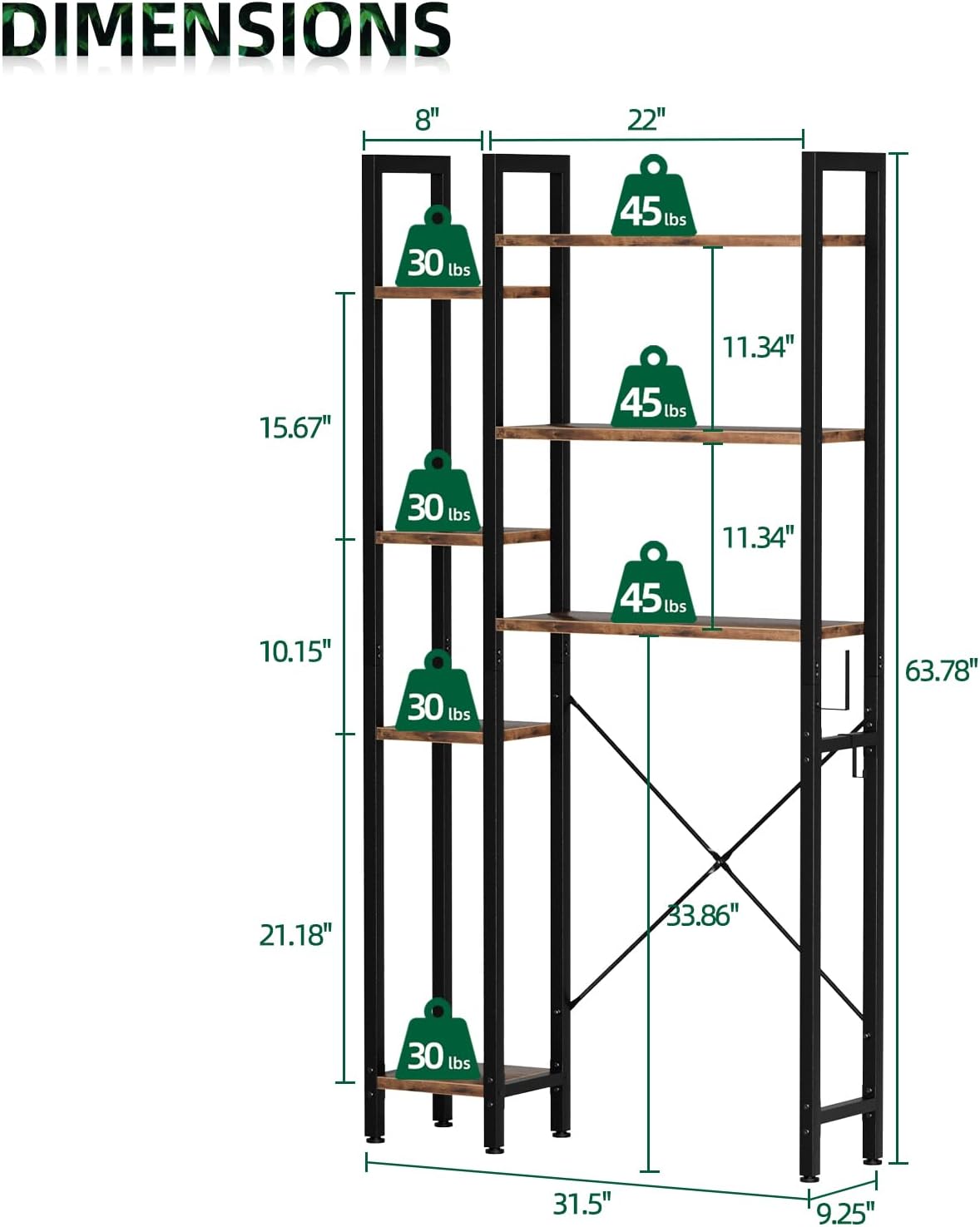 Over The Toilet Storage with 7-Tier Bathroom Organizer Shelf, Freestanding Space Saver with Hooks & Adjustable Feet