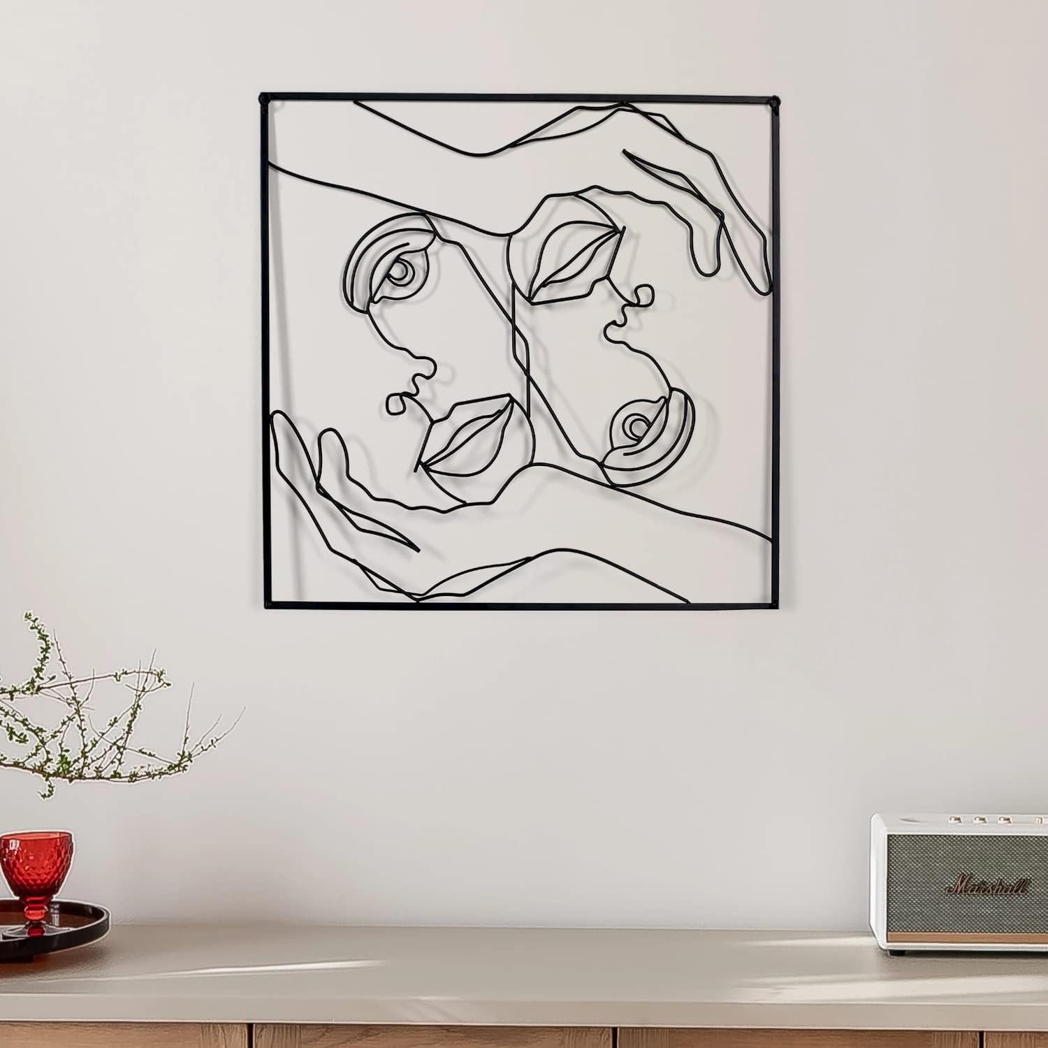 Metal Minimalist Face Wall Art Framed Abstract Wall Art, 23 x 23 inch Black Simple Line Home Hanging Wall Sculptures